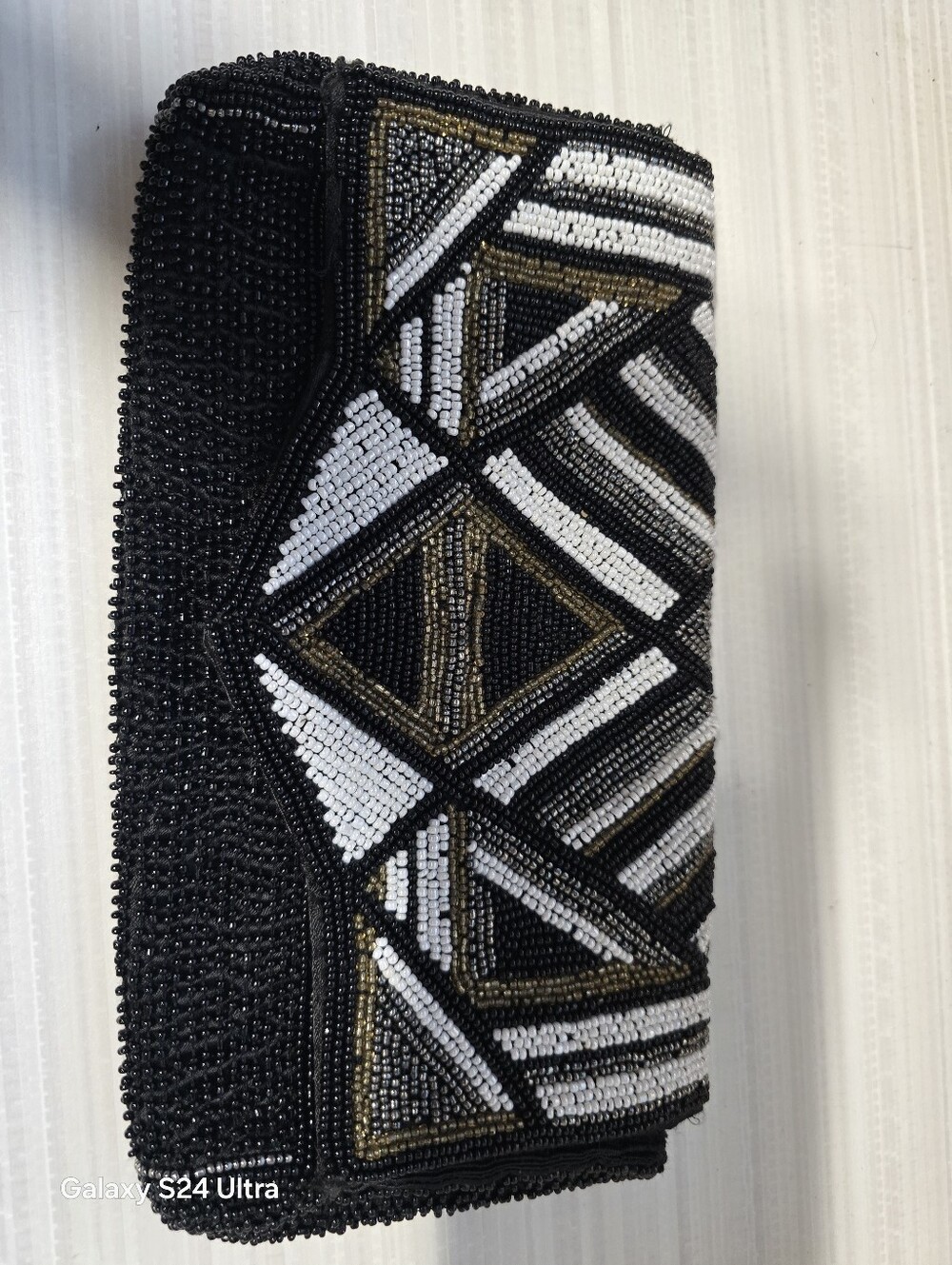 Express Clutch Seed Bead Black White Design Satin Lined Evening Purse EUC